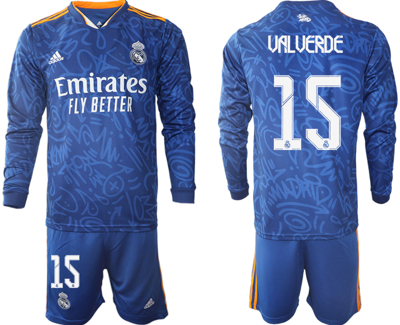 Men 2021-2022 Club Real Madrid away blue Long Sleeve #15 Soccer Jersey->real madrid jersey->Soccer Club Jersey